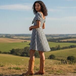 Whimsy Madewell Gingham Tie Front Swing Dress Navy Blue White Size 6 Tomato Girl